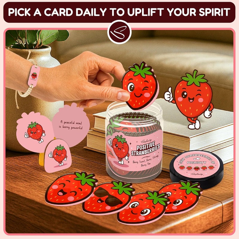 STOFINITY Emotional Support Strawberries Jar - Positive Strawberry Gifts For Women, Girls, 60 Daily Affirmation Cards For Teen Girls Trendy Stuff, Christmas Motivational Desk Decor Gifts - Image 4